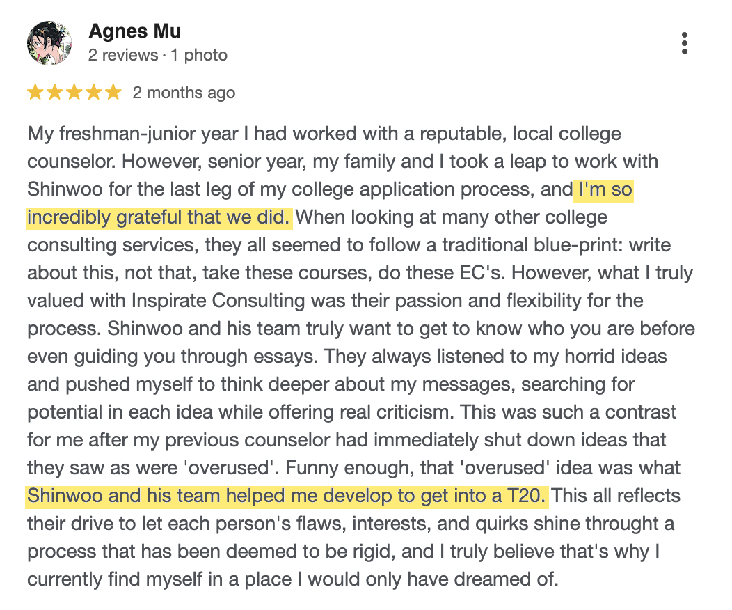 Google review from Agnes Mu