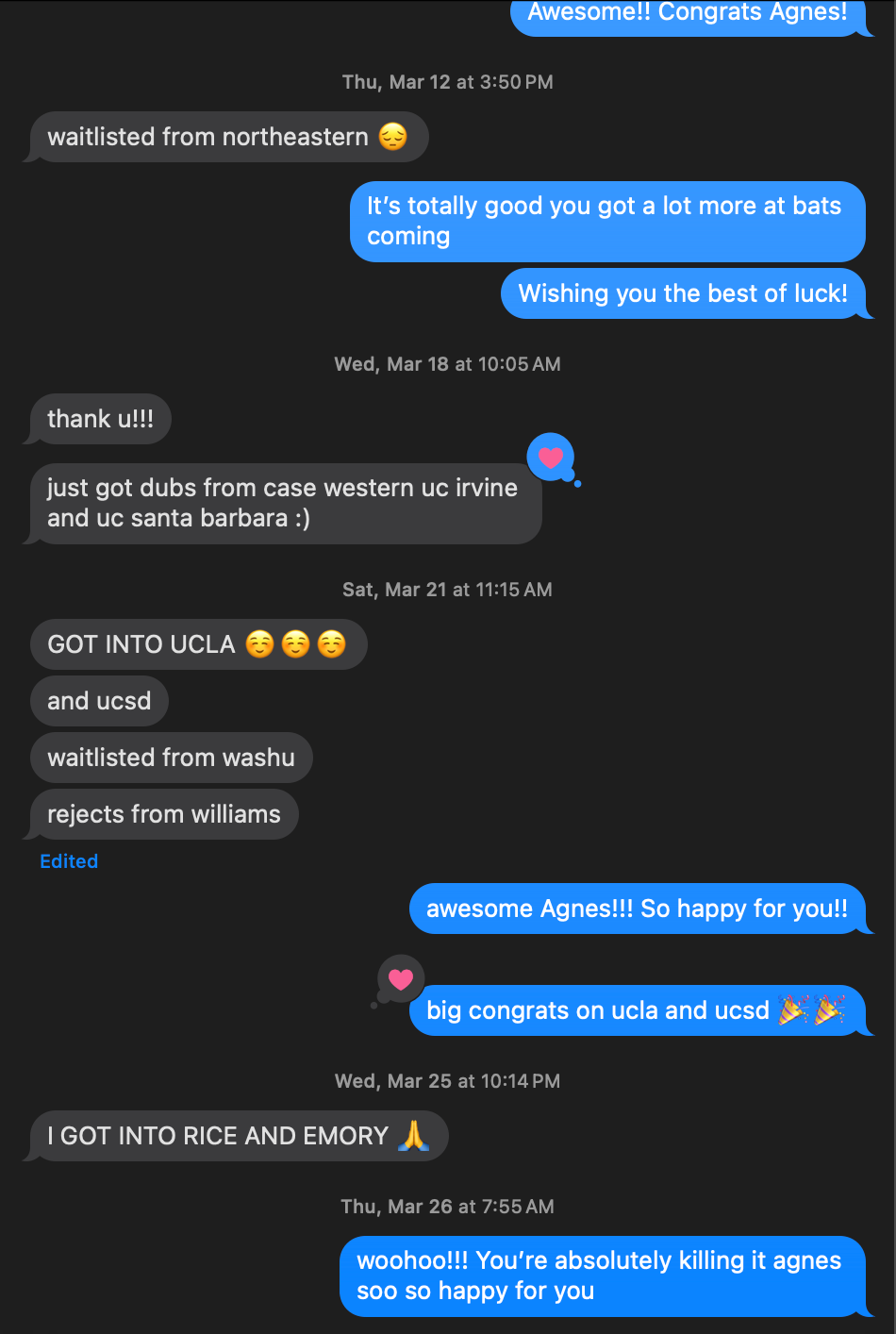 Student messages: got into UCLA, Rice, and Emory