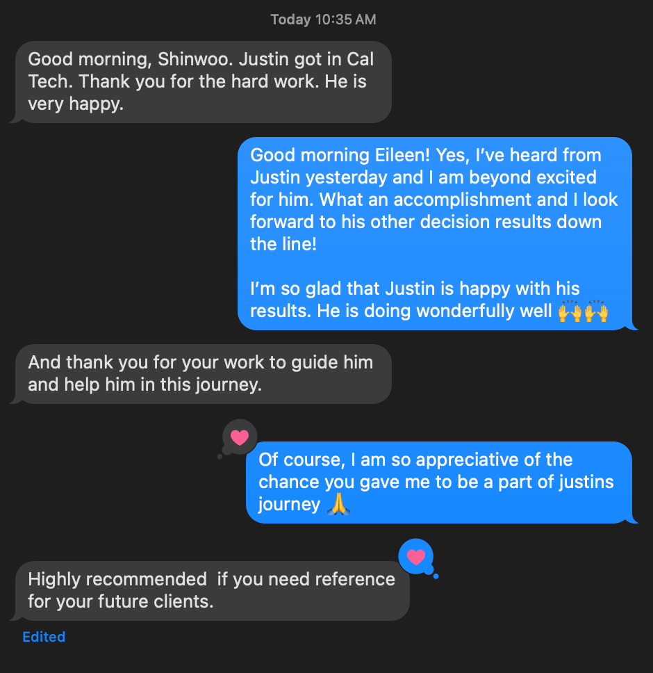 Parent text message: their son Justin got into Cal Tech