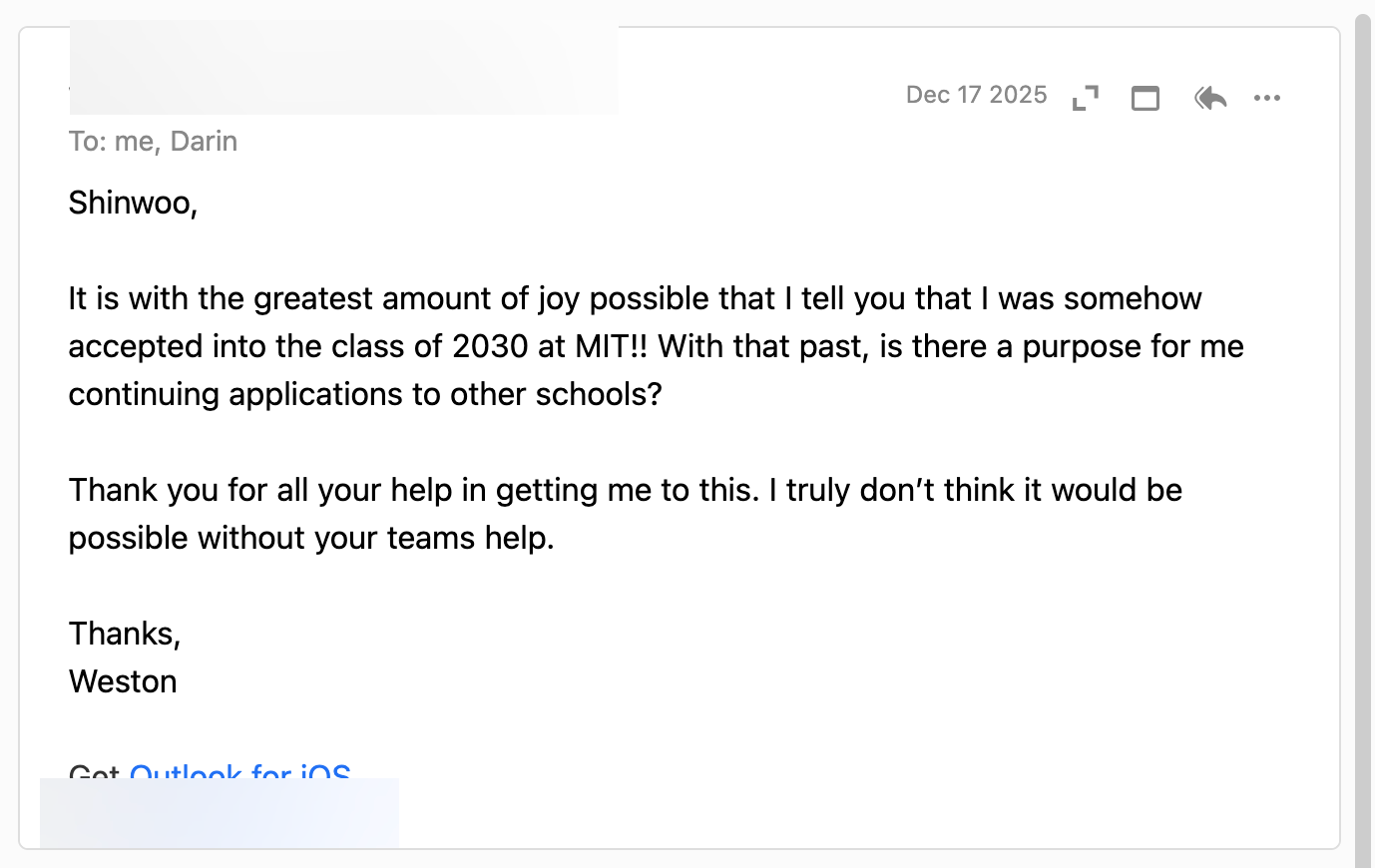 Student email: accepted to MIT class of 2030